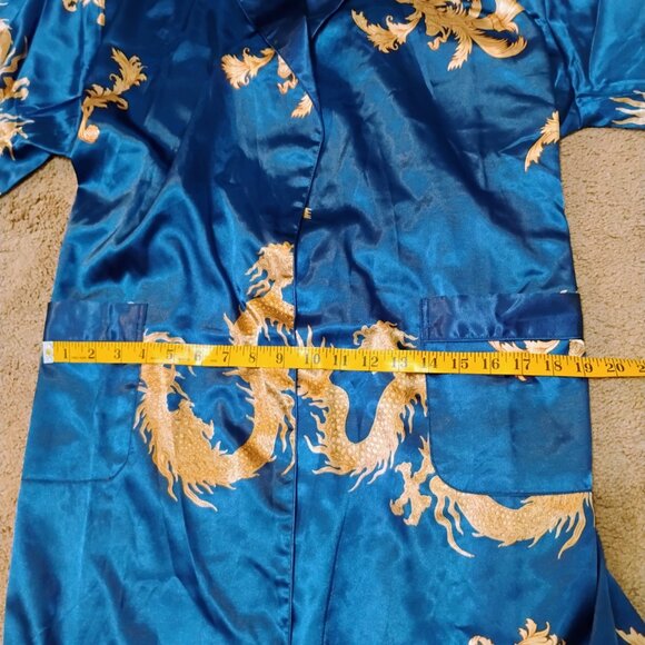 Men's Kimono Blue Robe Gold Dragon Print - Picture 7 of 10